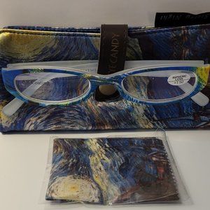 +1.50 Reading Glasses "Starry Night" Matching Case Cleaning Cloth AR NWT